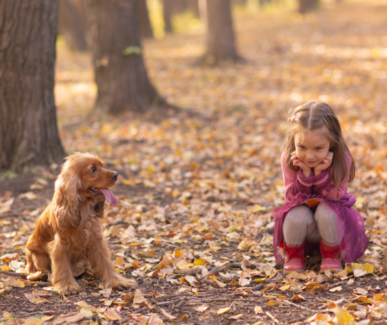 Petite fille accroupie proche son chien dans un chemin forestier en automne
