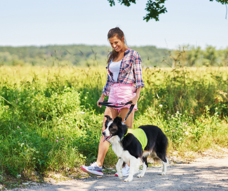 Jeune femme en balade avec un chien de race Border Collie en laisse