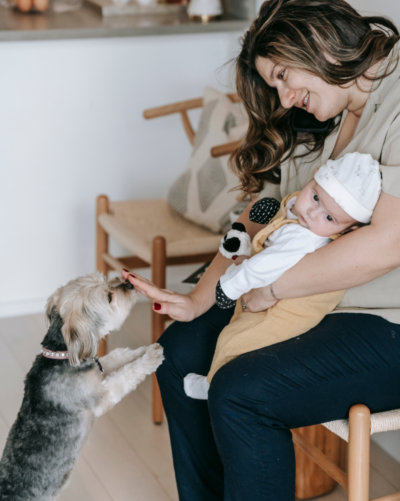 Un instant magique où une maman présente son bébé à leur chien, qui se dresse avec curiosité pour un premier contact. Une image qui capture la douceur et l'émotion des liens qui se tissent entre les membres d'une famille, humains et animaux.